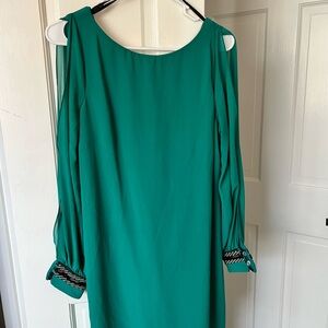 A. Byer Green Cold Shoulder Bishop Sleeve Sheath Dress